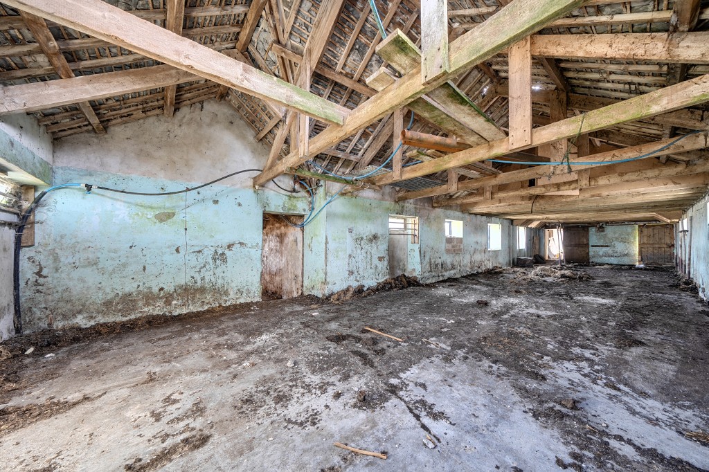 Lot: 3 - COMPLEX OF GRANITE BARNS, DUTCH BARN, CATTLE SHED FARMYARD AND LAND WITH POTENTIAL - Internal photograph of single storey barn